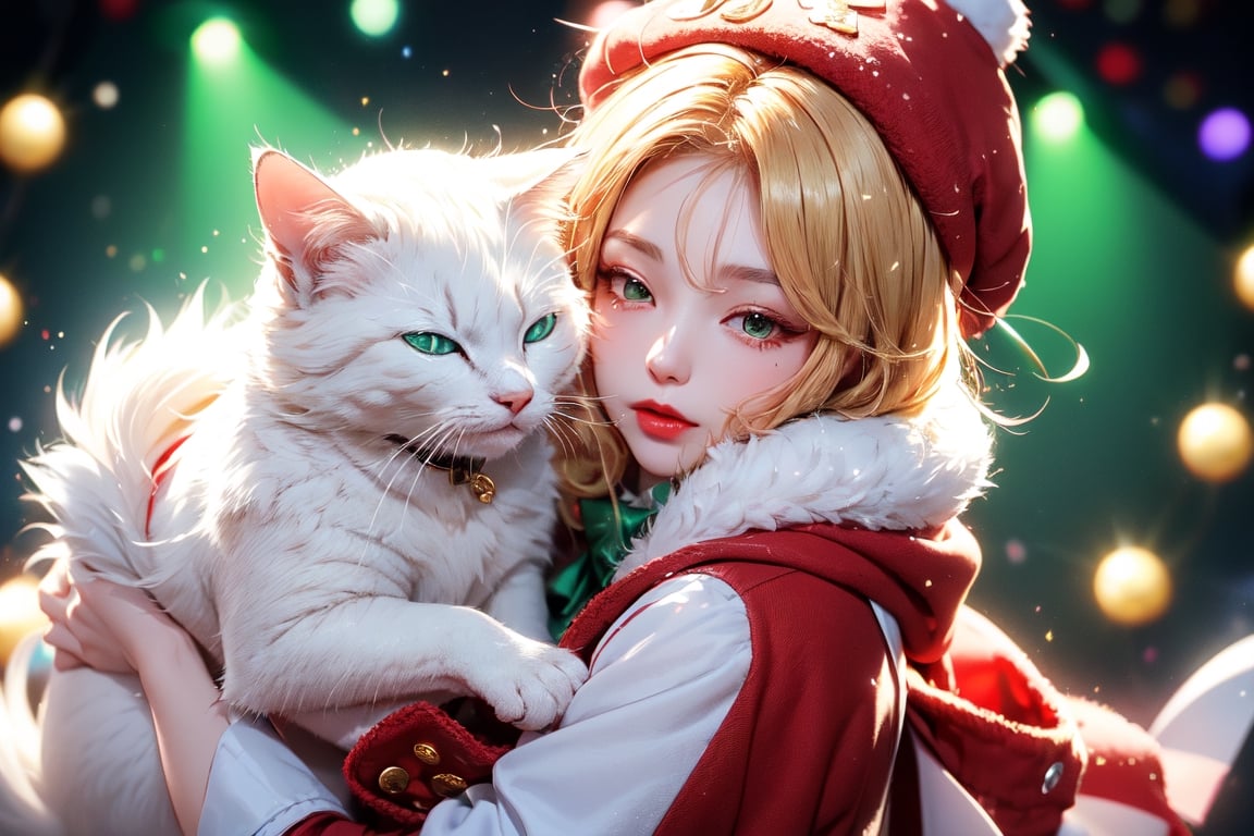 vtuber,Blonde girl,short hair,ruby-like eyes,red eyes,long red eyelashes,red lips, wearing a red snow hat with a white fur ball on the top,a purple starfish on the hat,white fur on the edge of the hat,and a red coat,coat with gold buttons,green skirt,green bow on the neck,green sneakers,gold laces,singing in front of microphone,holding a sleeping furry white cat,white cat wearing a pink bow on its head,surrounded by bubbles,shining point,concert,colorful stage lighting,no people,Tetris game background