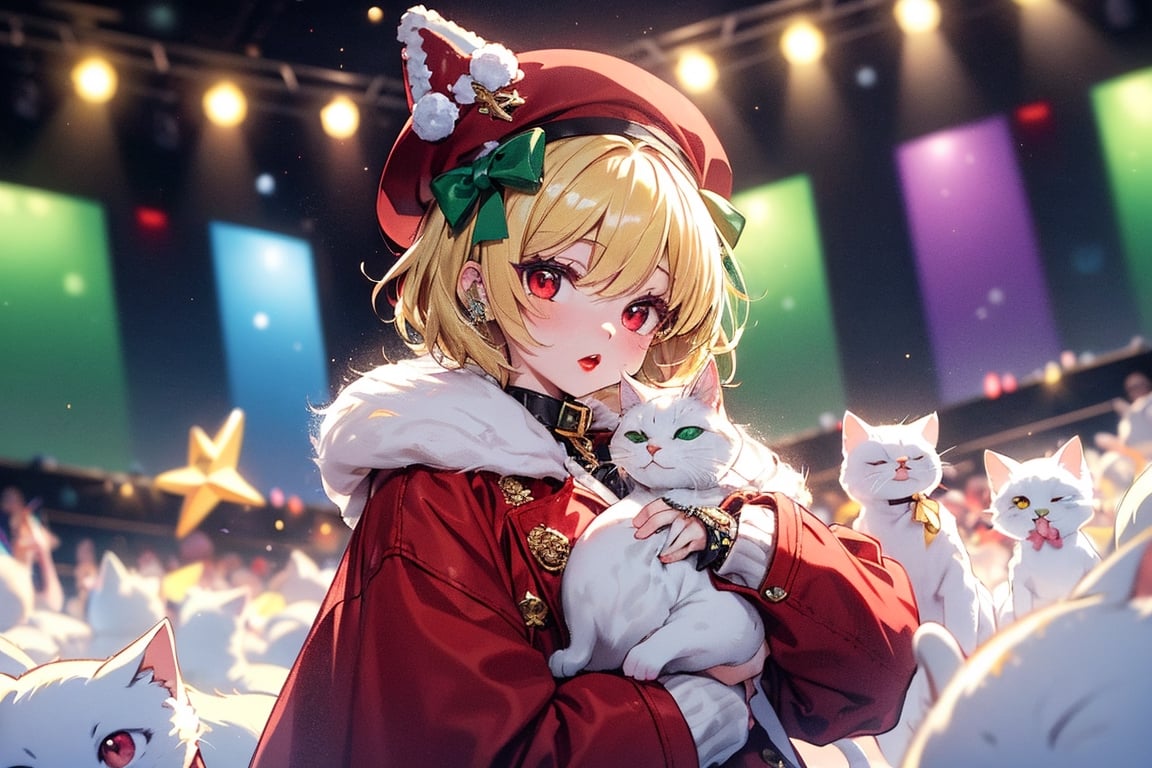 vtuber,Blonde girl,short hair,ruby-like eyes,red eyes,long red eyelashes,red lips, wearing a red snow hat with a white fur ball on the top,a purple starfish on the hat,white fur on the edge of the hat,and a red coat,coat with gold buttons,green skirt,green bow on the neck,green sneakers,gold laces,singing in front of microphone,holding a sleeping furry white cat,white cat wearing a pink bow on its head,surrounded by bubbles,shining point,concert,colorful stage lighting,no people,Tetris game background