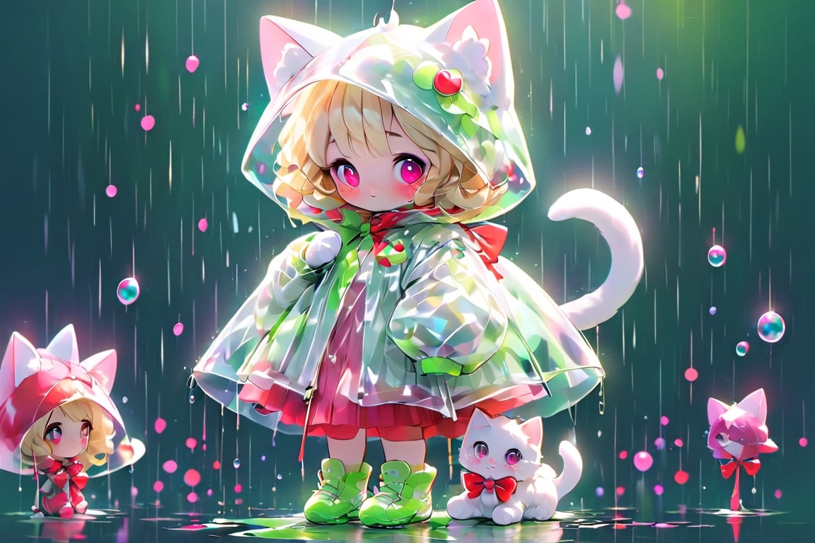Blonde girl,holding umbrella,short hair,red eyes,long red eyelashes,red lips,wearing a red snow hat with a white fur ball on the top,a purple starfish on the hat,white fur on the edge of the hat,and a red coat,coat with gold buttons,green skirt,green bow on the neck,green sneakers,gold laces, no gloves,singing in front of microphone,sleeping furry white cat audience,white cat wearing a pink bow on head,surrounded by bubbles,shining point,concert,colorful stage lighting,no people,Tetris game background