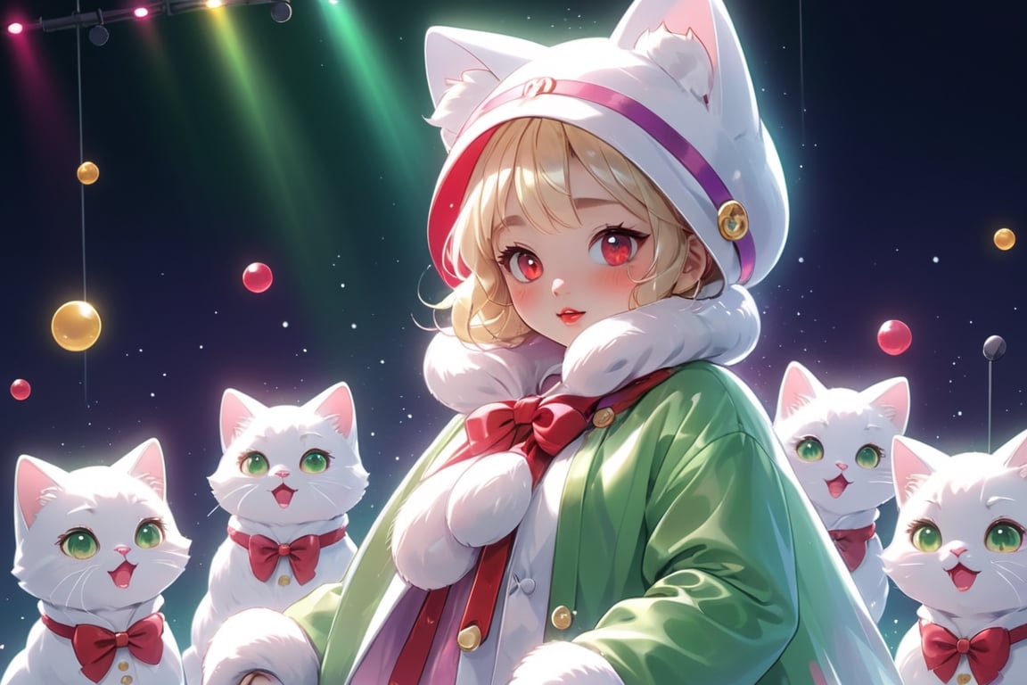 Blonde girl,singing,playing electric guitar,short hair,red eyes,long red eyelashes,red lips,wearing a red snow hat with a white fur ball on the top,a purple starfish on the hat,white fur on the edge of the hat,and a red coat,coat with gold buttons,green skirt,green bow on the neck,green sneakers,gold laces, no gloves,singing in front of microphone,sleeping furry white cat audience,white cat wearing a pink bow on head,surrounded by bubbles,shining point,concert,colorful stage lighting,no people,Tetris game background,anime