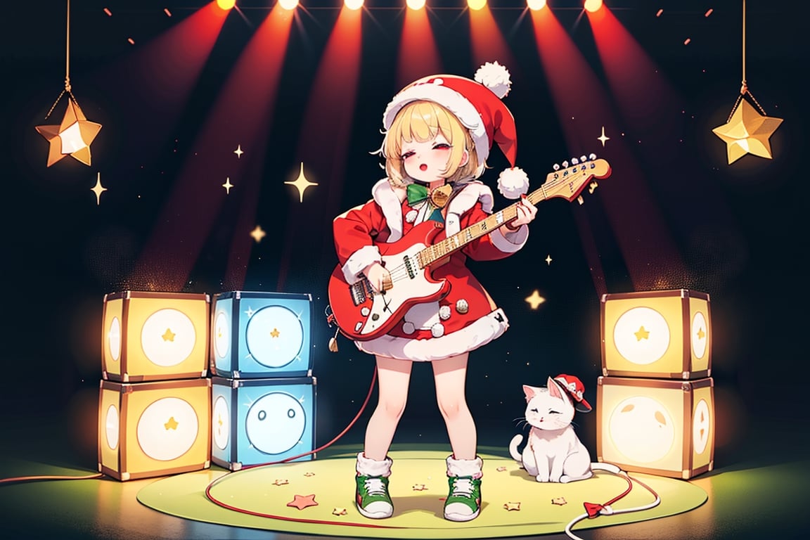 Blonde woman,singing,playing electric guitar,short hair,red eyes,long red eyelashes,red lips,wearing a red snow hat with a white fur ball on the top,a purple starfish on the hat,white fur on the edge of the hat,and a red coat,coat with gold buttons,green skirt,green bow on the neck,green sneakers,gold laces, no gloves,singing in front of microphone,sleeping furry white cat audience,white cat wearing a pink bow on head,surrounded by bubbles,shining point,concert,colorful stage lighting,no people,Tetris game background,anime