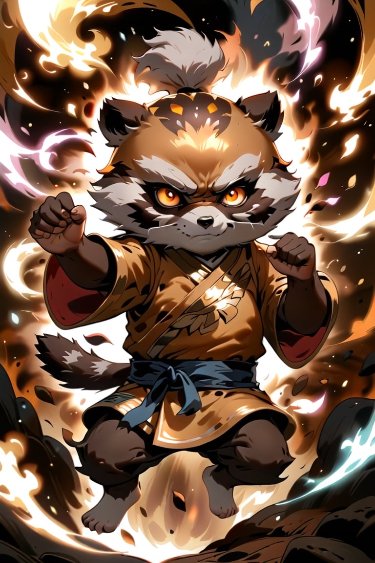 1Ninja tanuki,fighting,7 color Ninja outfit,7 color ancient alchemy God,holding cosmic ball,chanting,7 color shining ancient words everywhere,glowing mantra everywhere,luminous engraving everywhere,seal,strong style,sun king,sun halo,solo,special long white beard,long white eyebrows,gather lightning elixir in the palm of hand,king of glory,focused on  elixir,aim at pill,colorful skin,surrounded by flames,golden butterfly wings,emitting golden light,wearing golden bib short with no shoulder strap on left shoulder,no humans,flame,beam,fire alchemy furnace,thunder pill,crystal cave,crystal background,diamond,gem,tanuki,no human