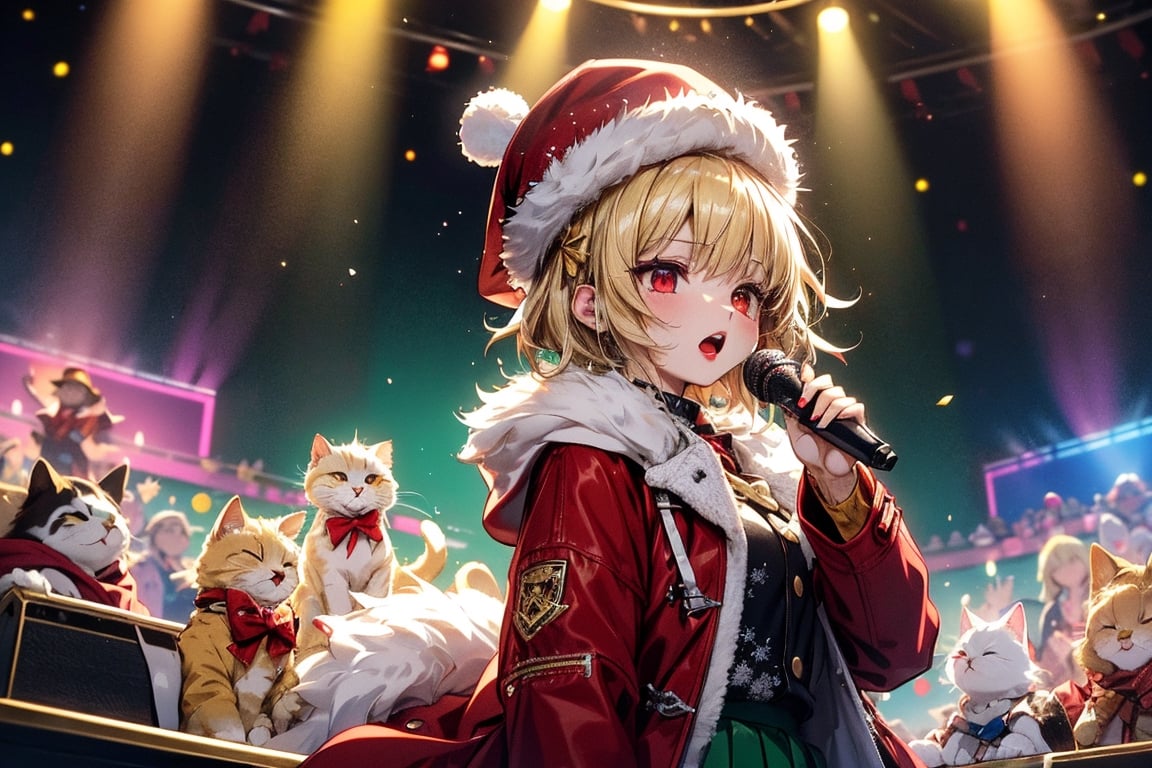 Blonde woman,singing,playing electric guitar,short hair,red eyes,long red eyelashes,red lips,wearing a red snow hat with a white fur ball on the top,a purple starfish on the hat,white fur on the edge of the hat,and a red coat,coat with gold buttons,green skirt,green bow on the neck,green sneakers,gold laces, no gloves,singing in front of microphone,sleeping furry white cat audience,white cat wearing a pink bow on head,surrounded by bubbles,shining point,concert,colorful stage lighting,no people,Tetris game background,anime