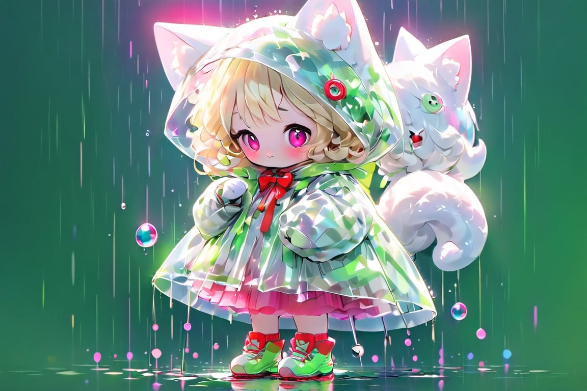 Blonde girls,holding umbrella,short hair,red eyes,long red eyelashes,red lips,wearing a red snow hat with a white fur ball on the top,a purple starfish on the hat,white fur on the edge of the hat,and a red coat,coat with gold buttons,green skirt,green bow on the neck,green sneakers,gold laces, no gloves,singing in front of microphone,sleeping furry white cat audience,white cat wearing a pink bow on head,surrounded by bubbles,shining point,concert,colorful stage lighting,no people,Tetris game background