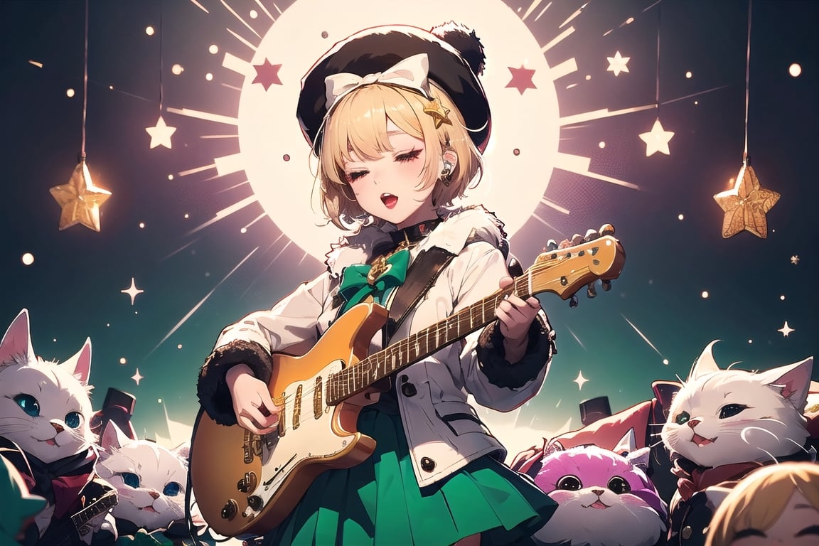 solo,Blonde woman,singing,playing electric guitar,short hair,red eyes,long red eyelashes,red lips,wearing a red snow hat with a white fur ball on the top,a purple starfish on the hat,white fur on the edge of the hat,and a red coat,coat with gold buttons,green skirt,green bow on the neck,green sneakers,gold laces, no gloves,singing in front of microphone,sleeping furry white cat audience,white cat wearing a pink bow on head,surrounded by bubbles,shining point,concert,colorful stage lighting,no people,Tetris game background