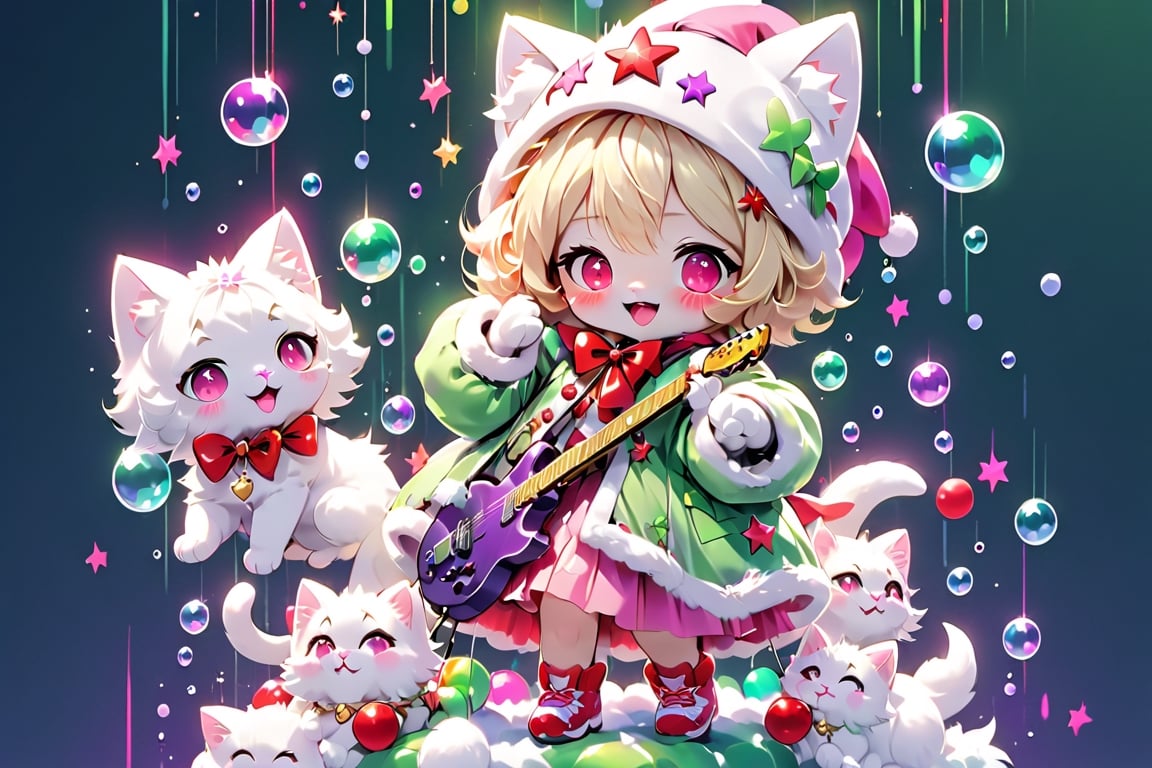 Blonde girls,playing electric guitar,short hair,red eyes,long red eyelashes,red lips,wearing a red snow hat with a white fur ball on the top,a purple starfish on the hat,white fur on the edge of the hat,and a red coat,coat with gold buttons,green skirt,green bow on the neck,green sneakers,gold laces, no gloves,singing in front of microphone,sleeping furry white cat audience,white cat wearing a pink bow on head,surrounded by bubbles,shining point,concert,colorful stage lighting,no people,Tetris game background,anime