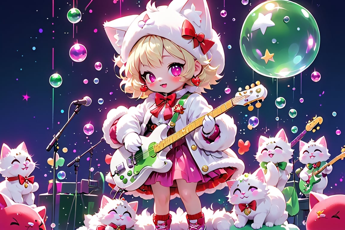 Blonde girls,playing electric guitar,short hair,red eyes,long red eyelashes,red lips,wearing a red snow hat with a white fur ball on the top,a purple starfish on the hat,white fur on the edge of the hat,and a red coat,coat with gold buttons,green skirt,green bow on the neck,green sneakers,gold laces, no gloves,singing in front of microphone,sleeping furry white cat audience,white cat wearing a pink bow on head,surrounded by bubbles,shining point,concert,colorful stage lighting,no people,Tetris game background,anime