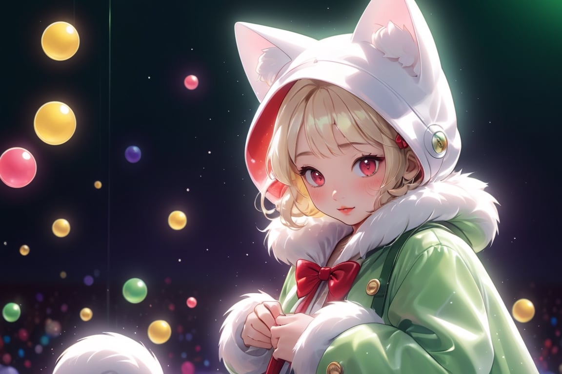 Blonde woman,playing electric guitar,short hair,red eyes,long red eyelashes,red lips,wearing a red snow hat with a white fur ball on the top,a purple starfish on the hat,white fur on the edge of the hat,and a red coat,coat with gold buttons,green skirt,green bow on the neck,green sneakers,gold laces, no gloves,singing in front of microphone,sleeping furry white cat audience,white cat wearing a pink bow on head,surrounded by bubbles,shining point,concert,colorful stage lighting,no people,Tetris game background,anime