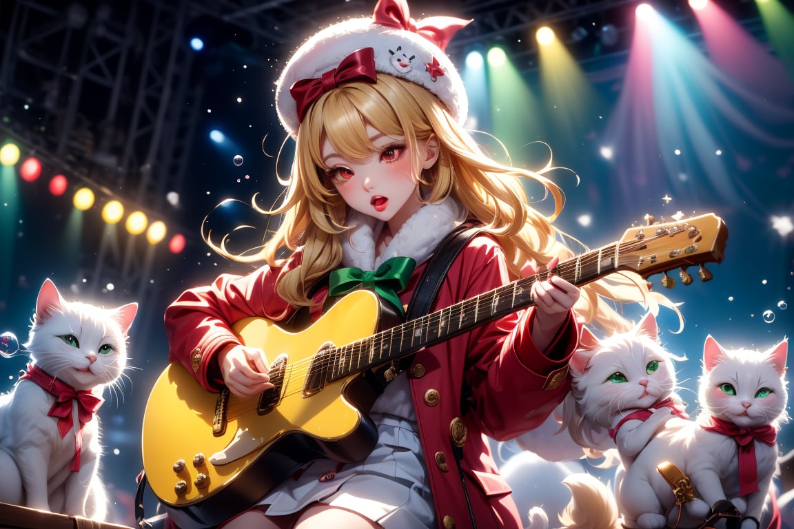 Blonde girl,singing,playing electric guitar,long hair,red eyes,long red eyelashes,red lips,wearing a red snow hat with a white fur ball on the top,a purple starfish on the hat,white fur on the edge of the hat,and a red coat,coat with gold buttons,green skirt,green bow on the neck,green sneakers,gold laces, no gloves,singing in front of microphone,sleeping furry white cat audience,white cat wearing a pink bow on head,surrounded by bubbles,shining point,concert,colorful stage lighting,no people,Tetris game background,anime