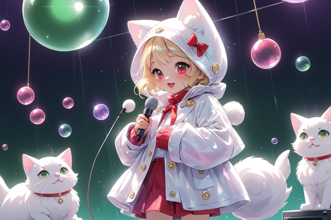 Blonde girl,singing,playing electric guitar,short hair,red eyes,long red eyelashes,red lips,wearing a red snow hat with a white fur ball on the top,a purple starfish on the hat,white fur on the edge of the hat,and a red coat,coat with gold buttons,green skirt,green bow on the neck,green sneakers,gold laces, no gloves,singing in front of microphone,sleeping furry white cat audience,white cat wearing a pink bow on head,surrounded by bubbles,shining point,concert,colorful stage lighting,no people,Tetris game background,anime