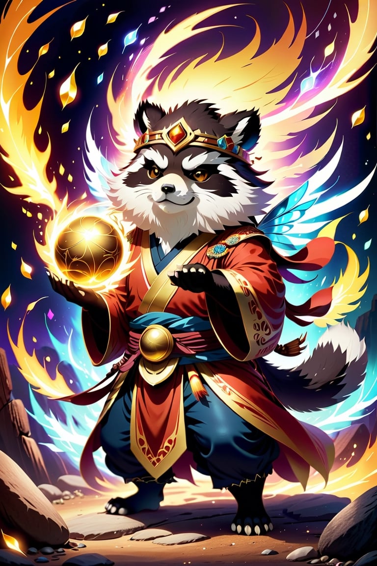 1Ninja tanuki,fighting,7 color Ninja outfit,7 color ancient alchemy God,holding cosmic ball,chanting,7 color shining ancient words everywhere,glowing mantra everywhere,luminous engraving everywhere,seal,strong style,sun king,sun halo,solo,special long white beard,long white eyebrows,gather lightning elixir in the palm of hand,king of glory,focused on  elixir,aim at pill,colorful skin,surrounded by flames,golden butterfly wings,emitting golden light,wearing golden bib short with no shoulder strap on left shoulder,no humans,flame,beam,fire alchemy furnace,thunder pill,crystal cave,crystal background,diamond,gem,tanuki,no human