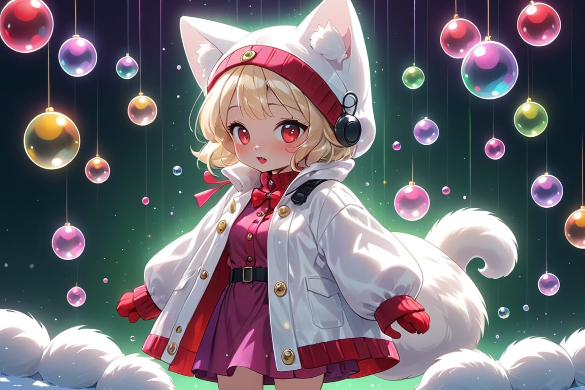 Blonde woman,singing,playing electric guitar,short hair,red eyes,long red eyelashes,red lips,wearing a red snow hat with a white fur ball on the top,a purple starfish on the hat,white fur on the edge of the hat,and a red coat,coat with gold buttons,green skirt,green bow on the neck,green sneakers,gold laces, no gloves,singing in front of microphone,sleeping furry white cat audience,white cat wearing a pink bow on head,surrounded by bubbles,shining point,concert,colorful stage lighting,no people,Tetris game background,anime