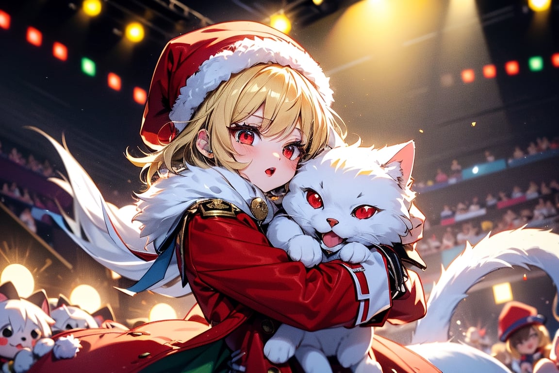 vtuber,Blonde girl,short hair,ruby-like eyes,red eyes,long red eyelashes,red lips, wearing a red snow hat with a white fur ball on the top,a purple starfish on the hat,white fur on the edge of the hat,and a red coat,coat with gold buttons,green skirt,green bow on the neck,green sneakers,gold laces,singing in front of microphone,holding a sleeping furry white cat,white cat wearing a pink bow on its head,surrounded by bubbles,shining point,concert,colorful stage lighting,no people,Tetris game background