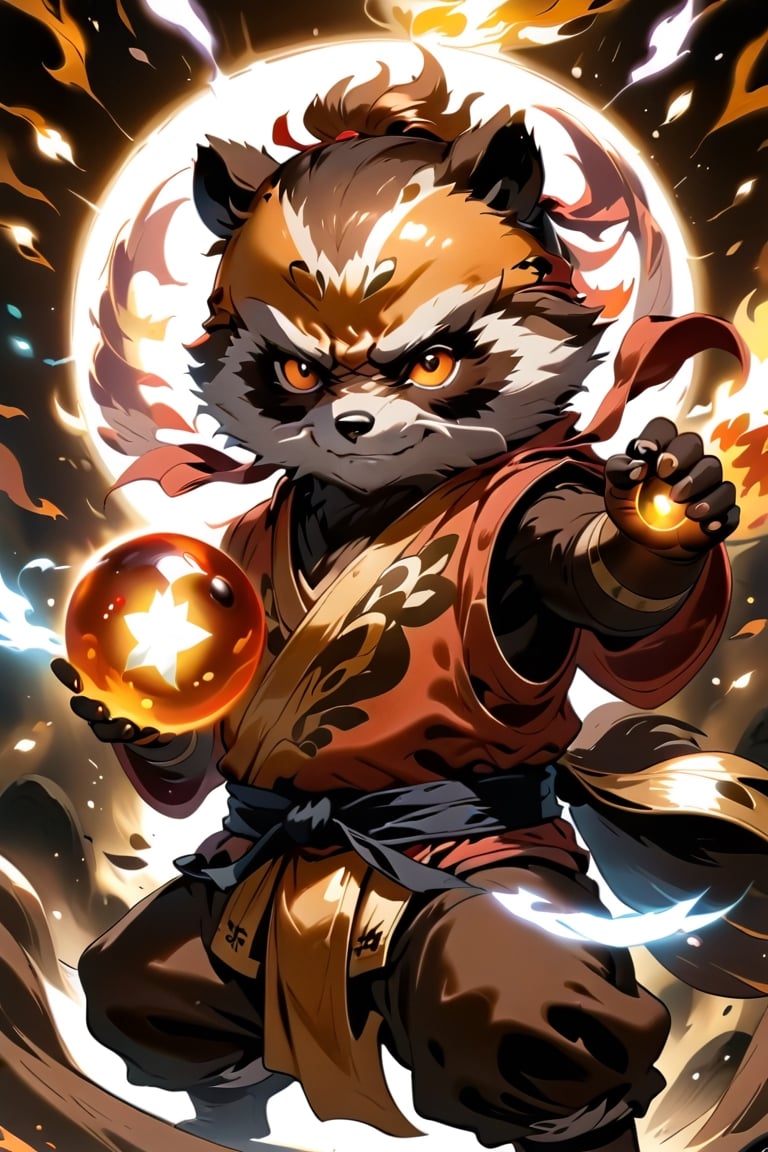 1Ninja tanuki,fighting,7 color Ninja outfit,7 color ancient alchemy God,holding cosmic ball,chanting,7 color shining ancient words everywhere,glowing mantra everywhere,luminous engraving everywhere,seal,strong style,sun king,sun halo,solo,special long white beard,long white eyebrows,gather lightning elixir in the palm of hand,king of glory,focused on  elixir,aim at pill,colorful skin,surrounded by flames,golden butterfly wings,emitting golden light,wearing golden bib short with no shoulder strap on left shoulder,no humans,flame,beam,fire alchemy furnace,thunder pill,crystal cave,crystal background,diamond,gem,tanuki,no human