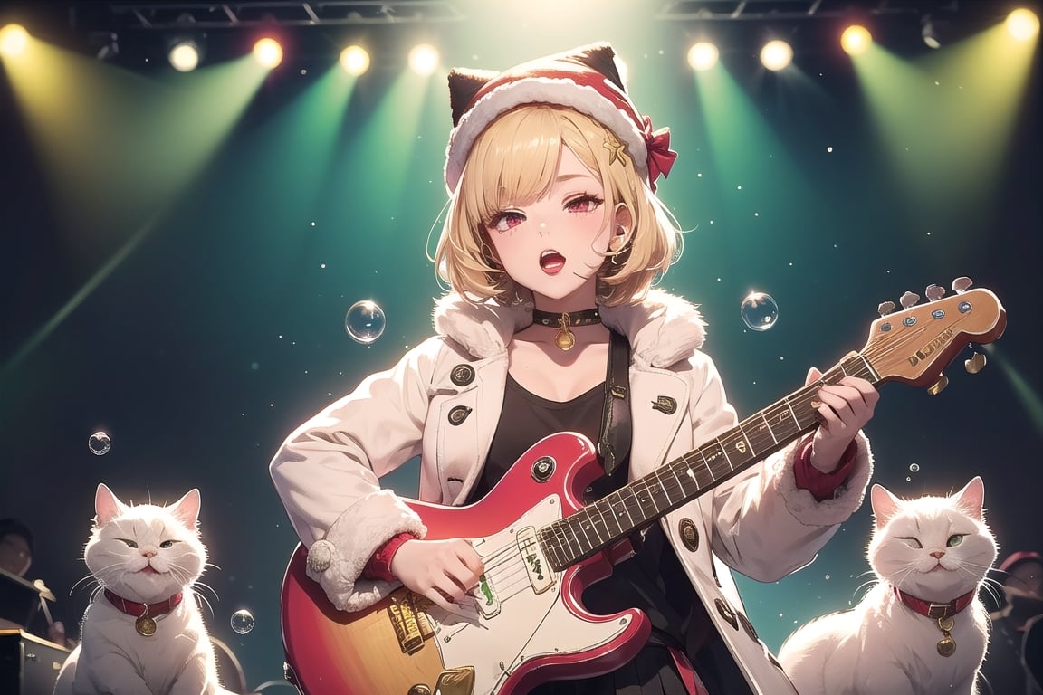 solo,Blonde woman,singing,playing electric guitar,short hair,red eyes,long red eyelashes,red lips,wearing a red snow hat with a white fur ball on the top,a purple starfish on the hat,white fur on the edge of the hat,and a red coat,coat with gold buttons,green skirt,green bow on the neck,green sneakers,gold laces, no gloves,singing in front of microphone,sleeping furry white cat audience,white cat wearing a pink bow on head,surrounded by bubbles,shining point,concert,colorful stage lighting,no people,Tetris game background