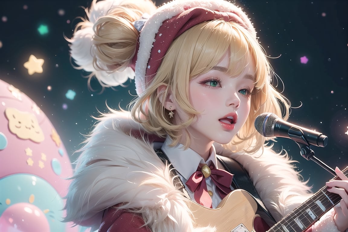 solo,Blonde woman,singing,playing electric guitar,short hair,red eyes,long red eyelashes,red lips,wearing a red snow hat with a white fur ball on the top,a purple starfish on the hat,white fur on the edge of the hat,and a red coat,coat with gold buttons,green skirt,green bow on the neck,green sneakers,gold laces, no gloves,singing in front of microphone,sleeping furry white cat audience,white cat wearing a pink bow on head,surrounded by bubbles,shining point,concert,colorful stage lighting,no people,Tetris game background