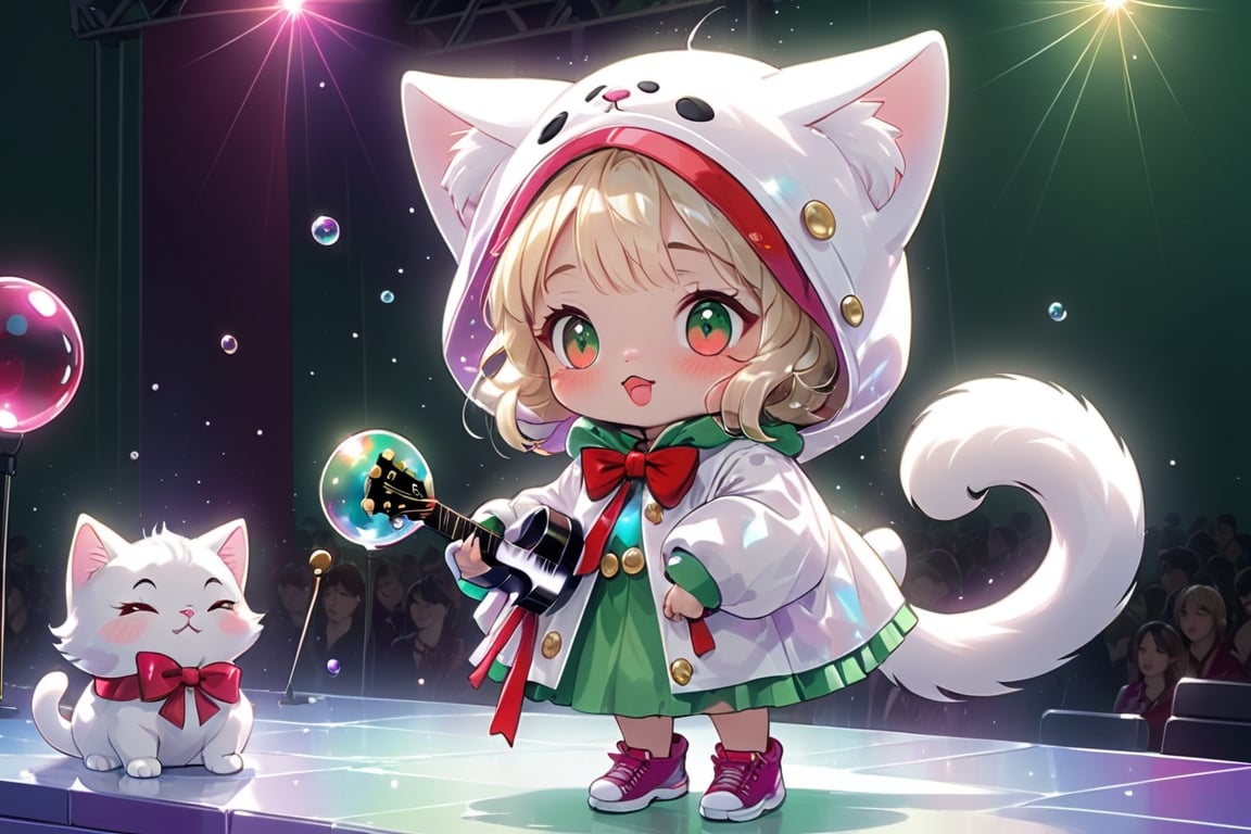 Blonde woman,playing electric guitar,short hair,red eyes,long red eyelashes,red lips,wearing a red snow hat with a white fur ball on the top,a purple starfish on the hat,white fur on the edge of the hat,and a red coat,coat with gold buttons,green skirt,green bow on the neck,green sneakers,gold laces, no gloves,singing in front of microphone,sleeping furry white cat audience,white cat wearing a pink bow on head,surrounded by bubbles,shining point,concert,colorful stage lighting,no people,Tetris game background,anime