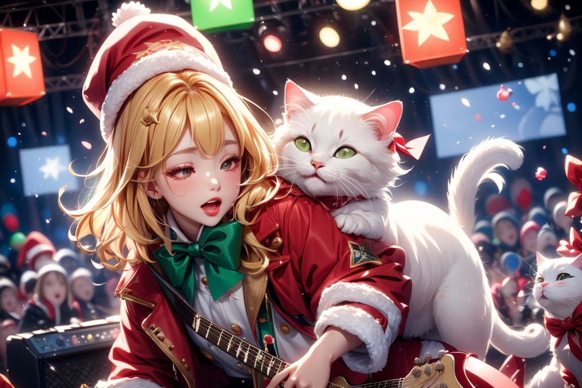 Blonde girl,singing,playing electric guitar,short hair,red eyes,long red eyelashes,red lips,wearing a red snow hat with a white fur ball on the top,a purple starfish on the hat,white fur on the edge of the hat,and a red coat,coat with gold buttons,green skirt,green bow on the neck,green sneakers,gold laces, no gloves,singing in front of microphone,sleeping furry white cat audience,white cat wearing a pink bow on head,surrounded by bubbles,shining point,concert,colorful stage lighting,no people,Tetris game background,anime