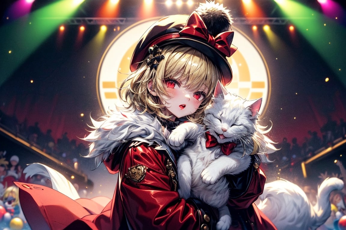 vtuber,Blonde girl,short hair,ruby-like eyes,red eyes,long red eyelashes,red lips, wearing a red snow hat with a white fur ball on the top,a purple starfish on the hat,white fur on the edge of the hat,and a red coat,coat with gold buttons,green skirt,green bow on the neck,green sneakers,gold laces,singing in front of microphone,holding a sleeping furry white cat,white cat wearing a pink bow on its head,surrounded by bubbles,shining point,concert,colorful stage lighting,no people,Tetris game background