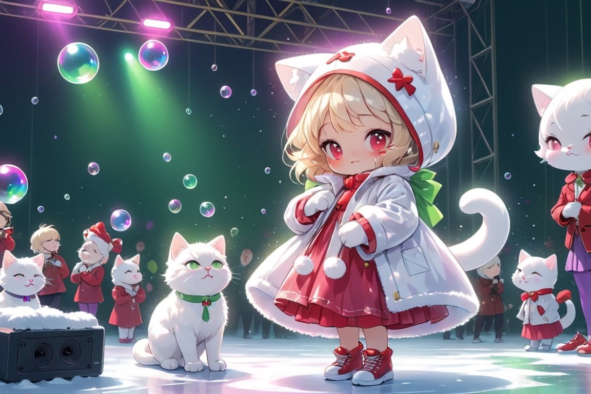 Blonde woman,playing electric guitar,short hair,red eyes,long red eyelashes,red lips,wearing a red snow hat with a white fur ball on the top,a purple starfish on the hat,white fur on the edge of the hat,and a red coat,coat with gold buttons,green skirt,green bow on the neck,green sneakers,gold laces, no gloves,singing in front of microphone,sleeping furry white cat audience,white cat wearing a pink bow on head,surrounded by bubbles,shining point,concert,colorful stage lighting,no people,Tetris game background,anime