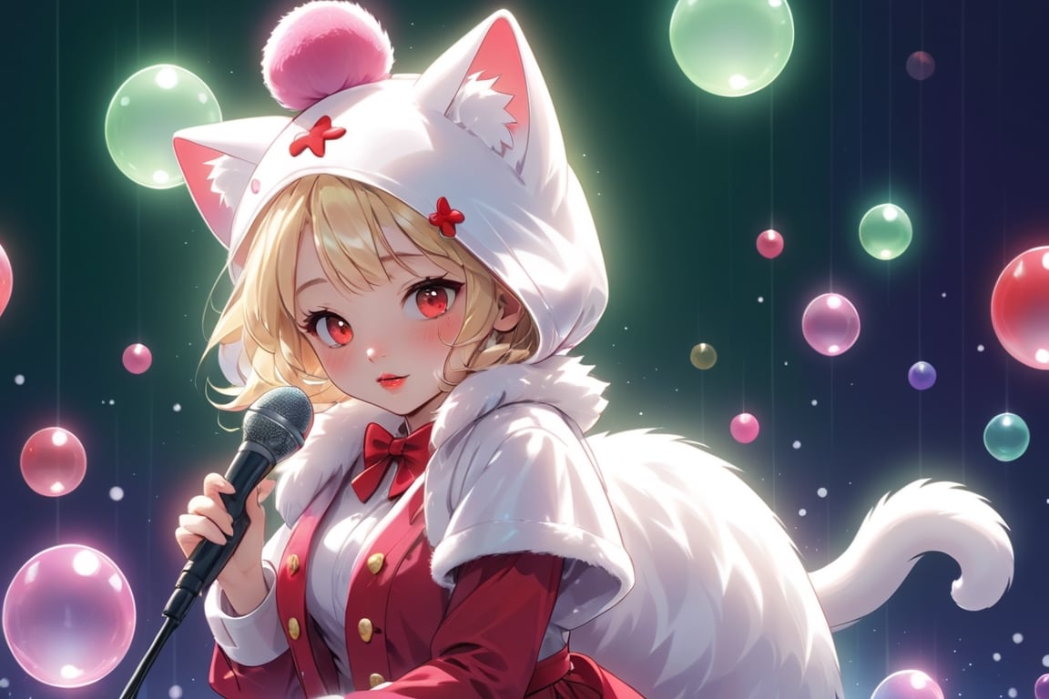 Blonde girl,singing,playing electric guitar,short hair,red eyes,long red eyelashes,red lips,wearing a red snow hat with a white fur ball on the top,a purple starfish on the hat,white fur on the edge of the hat,and a red coat,coat with gold buttons,green skirt,green bow on the neck,green sneakers,gold laces, no gloves,singing in front of microphone,sleeping furry white cat audience,white cat wearing a pink bow on head,surrounded by bubbles,shining point,concert,colorful stage lighting,no people,Tetris game background,anime