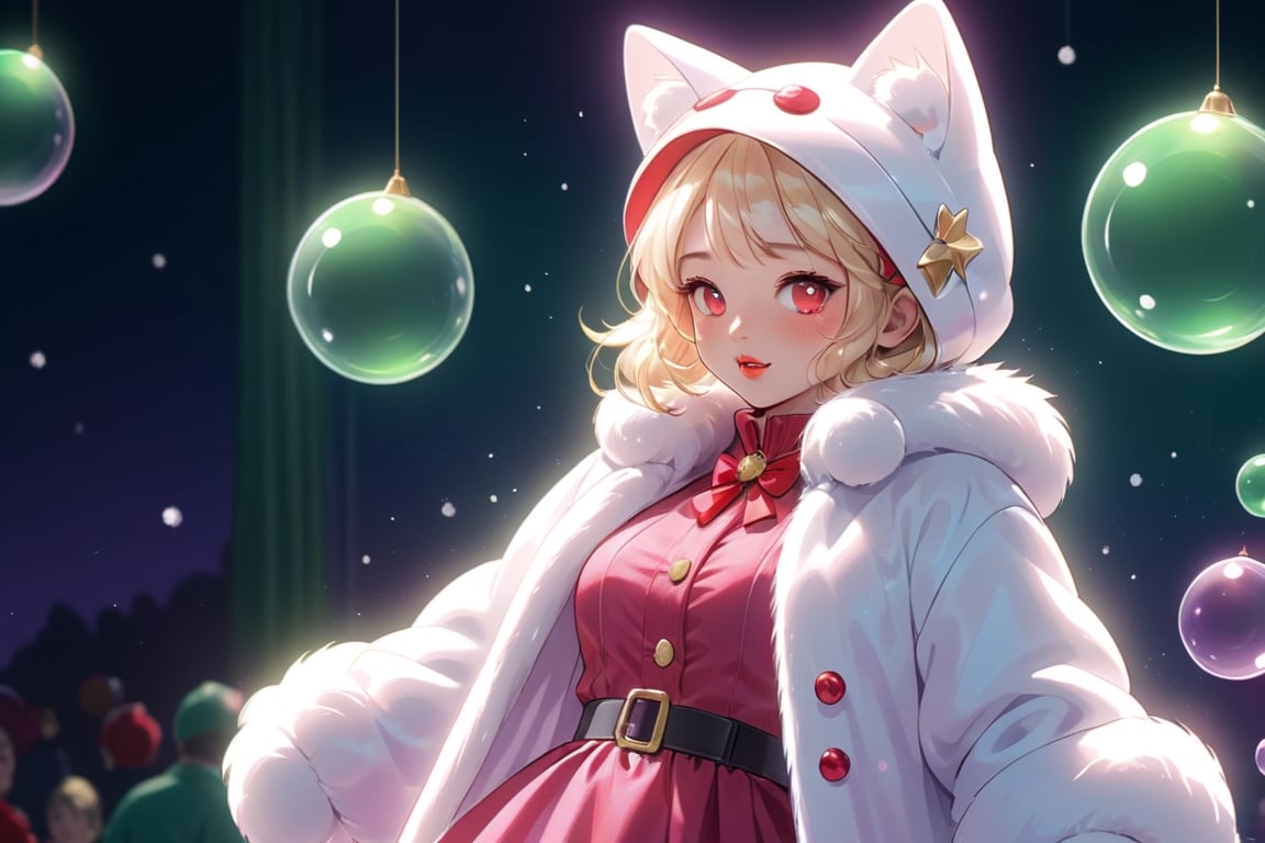 Blonde woman,singing,playing electric guitar,short hair,red eyes,long red eyelashes,red lips,wearing a red snow hat with a white fur ball on the top,a purple starfish on the hat,white fur on the edge of the hat,and a red coat,coat with gold buttons,green skirt,green bow on the neck,green sneakers,gold laces, no gloves,singing in front of microphone,sleeping furry white cat audience,white cat wearing a pink bow on head,surrounded by bubbles,shining point,concert,colorful stage lighting,no people,Tetris game background,anime