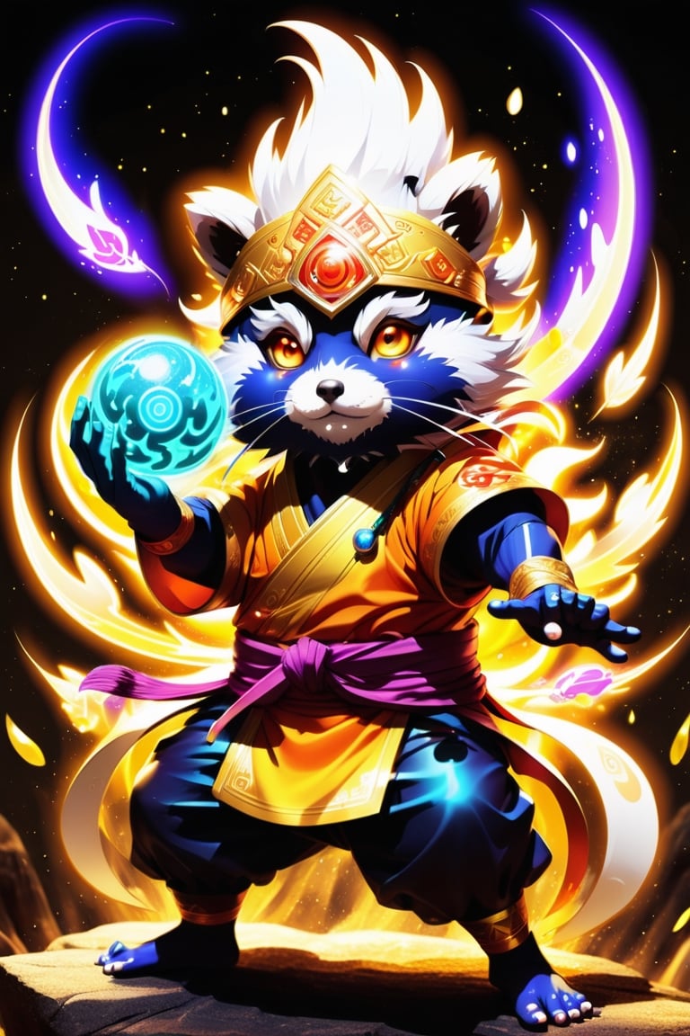 1Ninja tanuki,fighting,7 color Ninja outfit,7 color ancient alchemy God,holding cosmic ball,chanting,7 color shining ancient words everywhere,glowing mantra everywhere,luminous engraving everywhere,seal,strong style,sun king,sun halo,solo,special long white beard,long white eyebrows,gather lightning elixir in the palm of hand,king of glory,focused on  elixir,aim at pill,colorful skin,surrounded by flames,golden butterfly wings,emitting golden light,wearing golden bib short with no shoulder strap on left shoulder,no humans,flame,beam,fire alchemy furnace,thunder pill,crystal cave,crystal background,diamond,gem,tanuki,no human