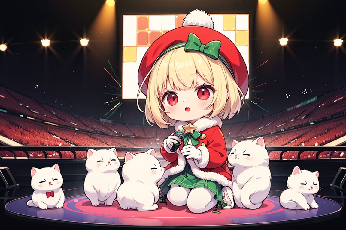 Blonde girl,short hair,red eyes,long red eyelashes,red lips, wearing a red snow hat with a white fur ball on the top,a purple starfish on the hat,white fur on the edge of the hat,and a red coat,coat with gold buttons,green skirt,green bow on the neck,green sneakers,gold laces, no gloves,singing in front of microphone,surrounded by sleeping furry white cat,white cat wearing a pink bow on its head,surrounded by bubbles,shining point,concert,colorful stage lighting,no people,Tetris game background