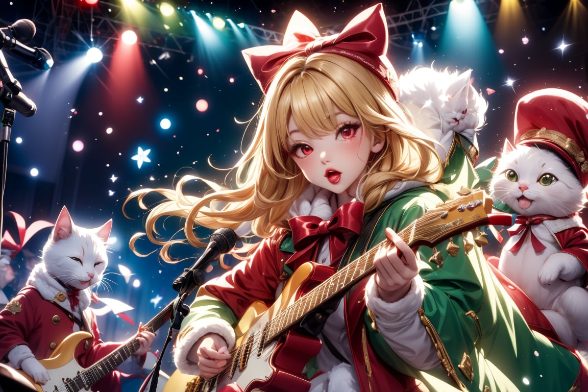 Blonde girl,singing,playing electric guitar,long hair,red eyes,long red eyelashes,red lips,wearing a red snow hat with a white fur ball on the top,a purple starfish on the hat,white fur on the edge of the hat,and a red coat,coat with gold buttons,green skirt,green bow on the neck,green sneakers,gold laces, no gloves,singing in front of microphone,sleeping furry white cat audience,white cat wearing a pink bow on head,surrounded by bubbles,shining point,concert,colorful stage lighting,no people,Tetris game background,anime