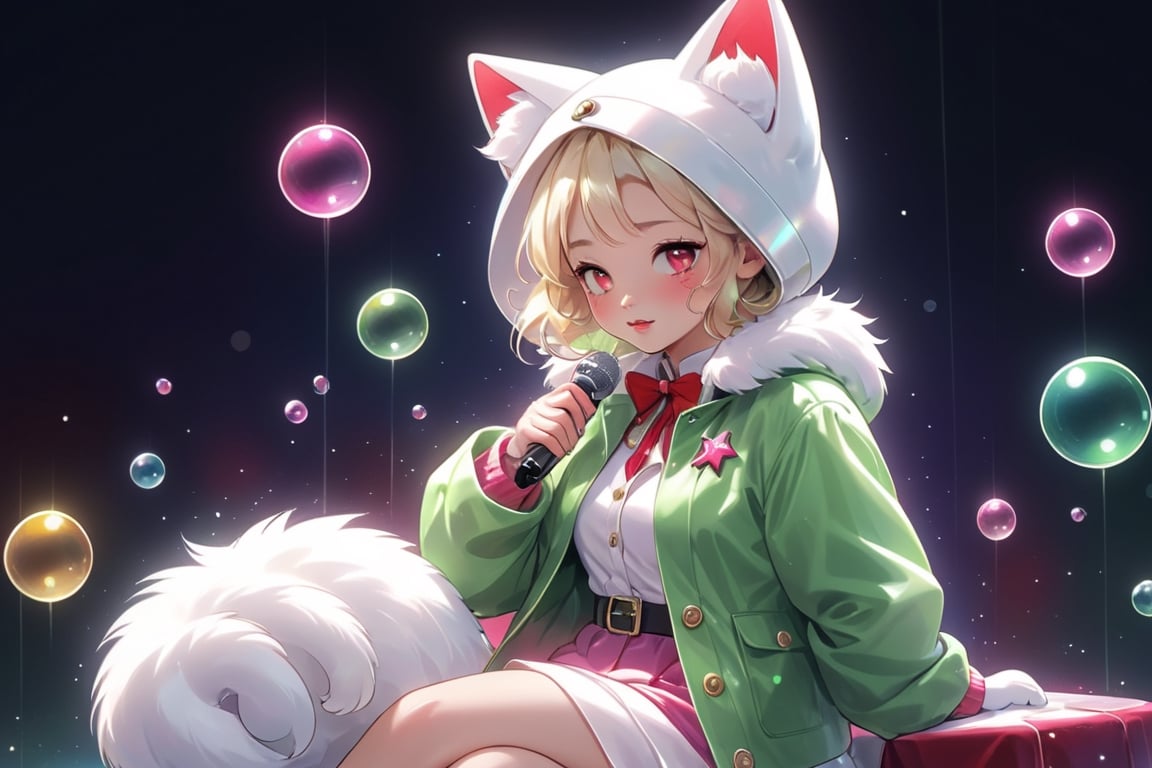 Blonde woman,playing electric guitar,short hair,red eyes,long red eyelashes,red lips,wearing a red snow hat with a white fur ball on the top,a purple starfish on the hat,white fur on the edge of the hat,and a red coat,coat with gold buttons,green skirt,green bow on the neck,green sneakers,gold laces, no gloves,singing in front of microphone,sleeping furry white cat audience,white cat wearing a pink bow on head,surrounded by bubbles,shining point,concert,colorful stage lighting,no people,Tetris game background,anime