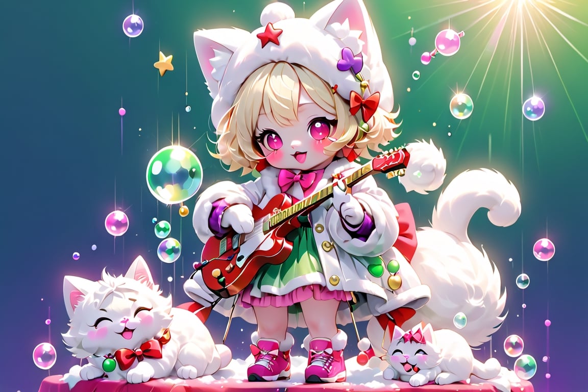 Blonde girls,playing electric guitar,short hair,red eyes,long red eyelashes,red lips,wearing a red snow hat with a white fur ball on the top,a purple starfish on the hat,white fur on the edge of the hat,and a red coat,coat with gold buttons,green skirt,green bow on the neck,green sneakers,gold laces, no gloves,singing in front of microphone,sleeping furry white cat audience,white cat wearing a pink bow on head,surrounded by bubbles,shining point,concert,colorful stage lighting,no people,Tetris game background