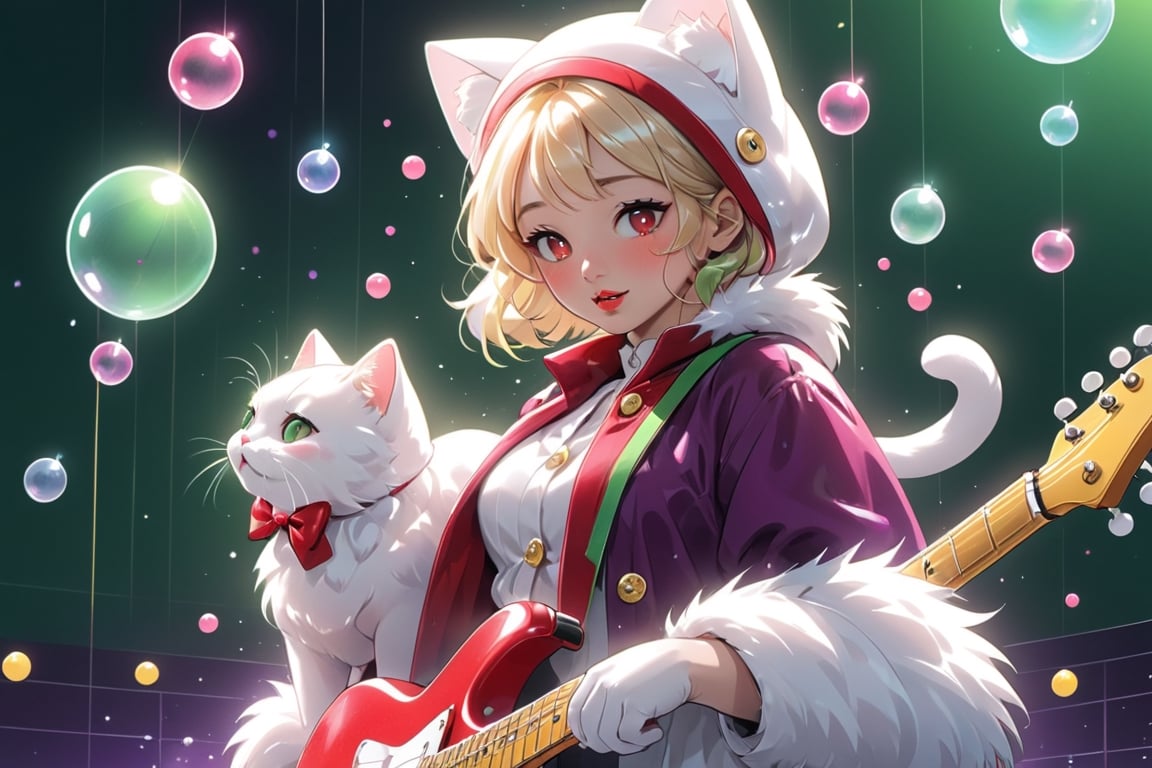 Blonde woman,singing,playing electric guitar,short hair,red eyes,long red eyelashes,red lips,wearing a red snow hat with a white fur ball on the top,a purple starfish on the hat,white fur on the edge of the hat,and a red coat,coat with gold buttons,green skirt,green bow on the neck,green sneakers,gold laces, no gloves,singing in front of microphone,sleeping furry white cat audience,white cat wearing a pink bow on head,surrounded by bubbles,shining point,concert,colorful stage lighting,no people,Tetris game background,anime