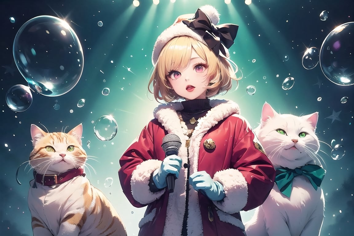 Blonde girl,short hair,red eyes,long red eyelashes,red lips, wearing a red snow hat with a white fur ball on the top,a purple starfish on the hat,white fur on the edge of the hat,and a red coat,coat with gold buttons,green skirt,green bow on the neck,green sneakers,gold laces, no gloves,singing in front of microphone,surrounded by sleeping furry white cat,white cat wearing a pink bow on its head,surrounded by bubbles,shining point,concert,colorful stage lighting,no people,Tetris game background