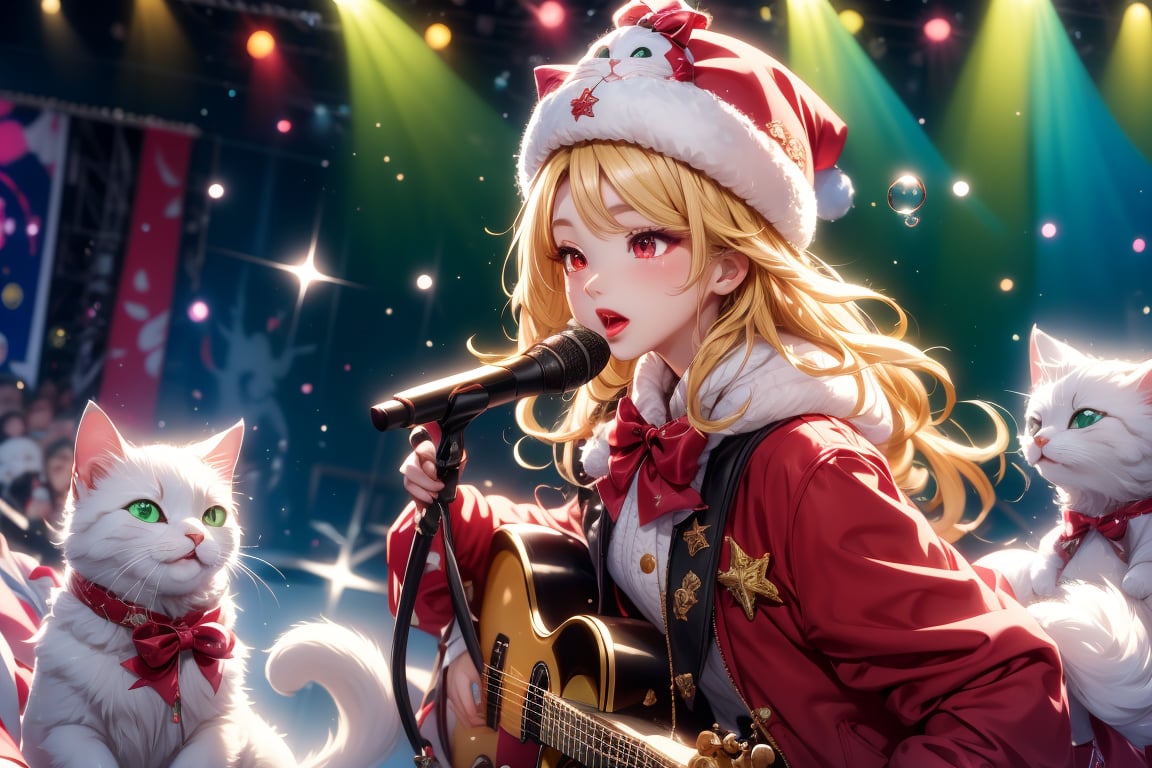 Blonde girl,singing,playing electric guitar,long hair,red eyes,long red eyelashes,red lips,wearing a red snow hat with a white fur ball on the top,a purple starfish on the hat,white fur on the edge of the hat,and a red coat,coat with gold buttons,green skirt,green bow on the neck,green sneakers,gold laces, no gloves,singing in front of microphone,sleeping furry white cat audience,white cat wearing a pink bow on head,surrounded by bubbles,shining point,concert,colorful stage lighting,no people,Tetris game background,anime