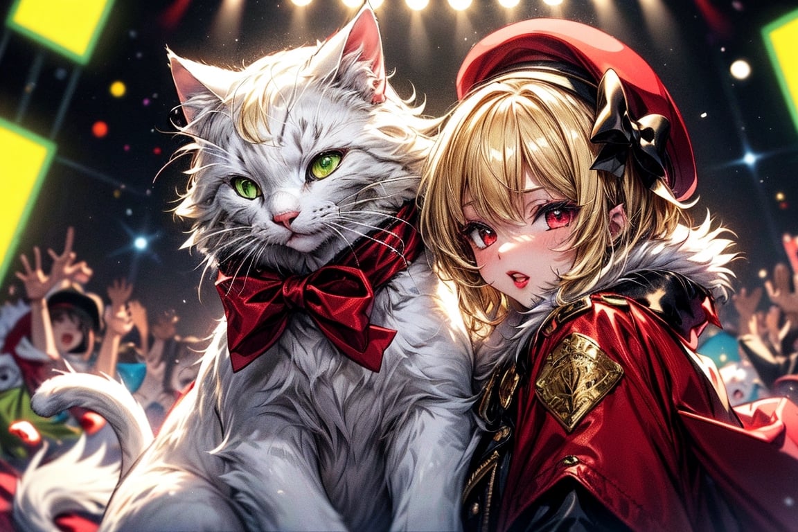 vtuber,Blonde girl,short hair,ruby-like eyes,red eyes,long red eyelashes,red lips, wearing a red snow hat with a white fur ball on the top,a purple starfish on the hat,white fur on the edge of the hat,and a red coat,coat with gold buttons,green skirt,green bow on the neck,green sneakers,gold laces,singing in front of microphone,holding a sleeping furry white cat,white cat wearing a pink bow on its head,surrounded by bubbles,shining point,concert,colorful stage lighting,no people,Tetris game background