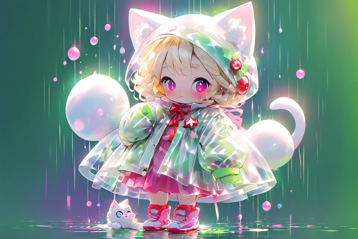 Blonde girl,short hair,ruby-like eyes,long red eyelashes,red lips, wearing a red snow hat with a white fur ball on the top,a purple starfish on the hat,white fur on the edge of the hat,and a red coat,coat with gold buttons,green skirt,green bow on the neck,green sneakers,gold laces, no gloves,singing in front of microphone,a sleeping furry white cat,white cat wearing a pink bow on its head,surrounded by bubbles,shining point,concert,colorful stage lighting,no people,Tetris game background