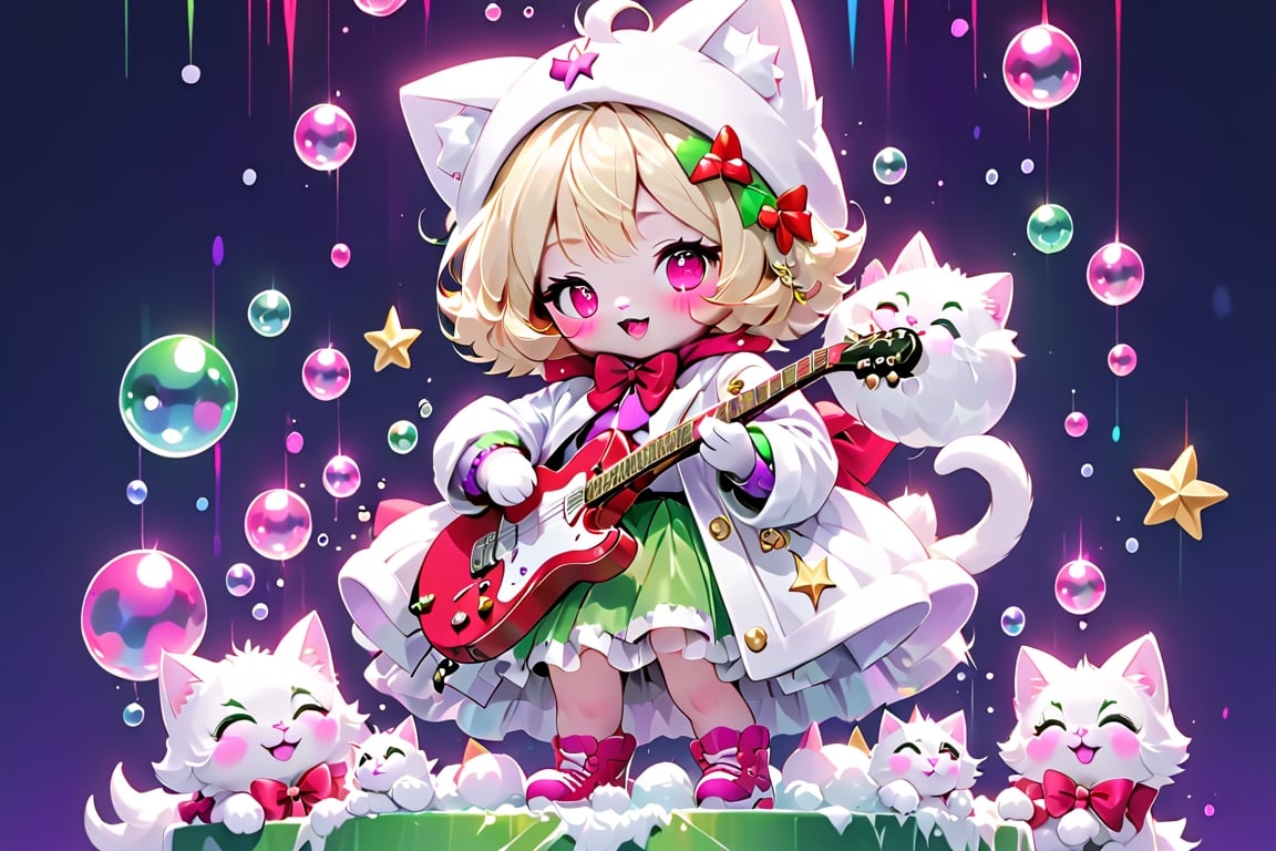 Blonde girls,playing electric guitar,short hair,red eyes,long red eyelashes,red lips,wearing a red snow hat with a white fur ball on the top,a purple starfish on the hat,white fur on the edge of the hat,and a red coat,coat with gold buttons,green skirt,green bow on the neck,green sneakers,gold laces, no gloves,singing in front of microphone,sleeping furry white cat audience,white cat wearing a pink bow on head,surrounded by bubbles,shining point,concert,colorful stage lighting,no people,Tetris game background,anime