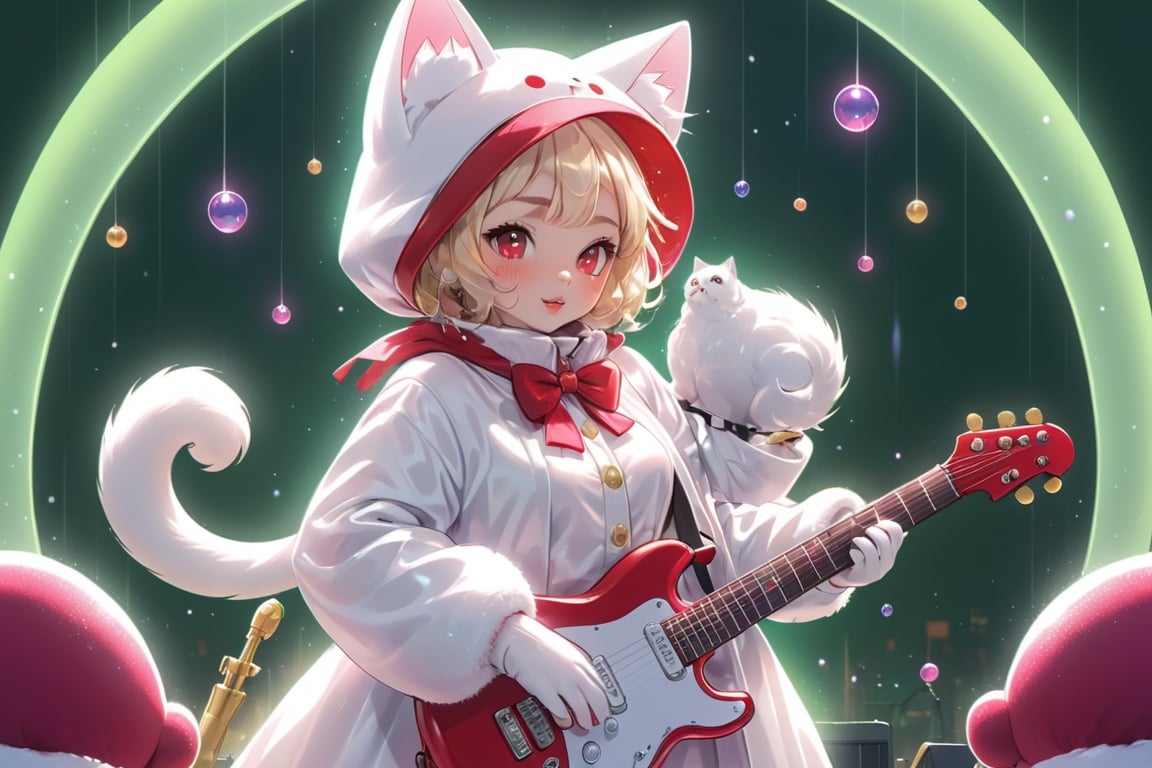 Blonde woman,playing electric guitar,short hair,red eyes,long red eyelashes,red lips,wearing a red snow hat with a white fur ball on the top,a purple starfish on the hat,white fur on the edge of the hat,and a red coat,coat with gold buttons,green skirt,green bow on the neck,green sneakers,gold laces, no gloves,singing in front of microphone,sleeping furry white cat audience,white cat wearing a pink bow on head,surrounded by bubbles,shining point,concert,colorful stage lighting,no people,Tetris game background,anime