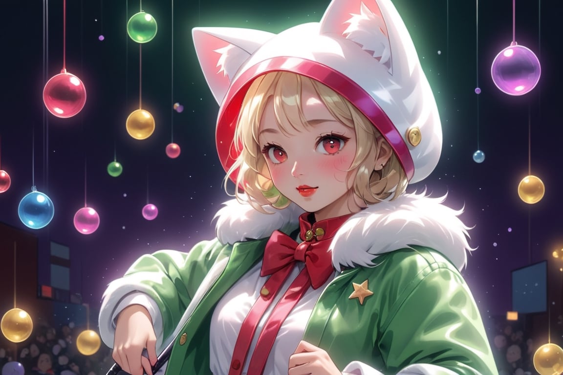 Blonde woman,singing,playing electric guitar,short hair,red eyes,long red eyelashes,red lips,wearing a red snow hat with a white fur ball on the top,a purple starfish on the hat,white fur on the edge of the hat,and a red coat,coat with gold buttons,green skirt,green bow on the neck,green sneakers,gold laces, no gloves,singing in front of microphone,sleeping furry white cat audience,white cat wearing a pink bow on head,surrounded by bubbles,shining point,concert,colorful stage lighting,no people,Tetris game background,anime