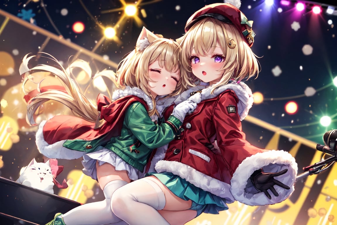 Blonde girl,short hair,ruby-like eyes,long red eyelashes,red lips, wearing a red snow hat with a white fur ball on the top,a purple starfish on the hat,white fur on the edge of the hat,and a red coat,coat with gold buttons,green skirt,green bow on the neck,green sneakers,gold laces, no gloves,singing in front of microphone,surrounded by sleeping furry white cat,white cat wearing a pink bow on its head,surrounded by bubbles,shining point,concert,colorful stage lighting,no people,Tetris game background