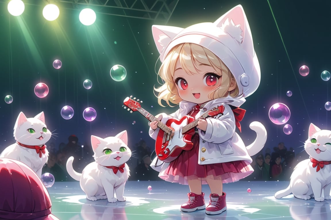 Blonde girl,singing,playing electric guitar,short hair,red eyes,long red eyelashes,red lips,wearing a red snow hat with a white fur ball on the top,a purple starfish on the hat,white fur on the edge of the hat,and a red coat,coat with gold buttons,green skirt,green bow on the neck,green sneakers,gold laces, no gloves,singing in front of microphone,sleeping furry white cat audience,white cat wearing a pink bow on head,surrounded by bubbles,shining point,concert,colorful stage lighting,no people,Tetris game background,anime