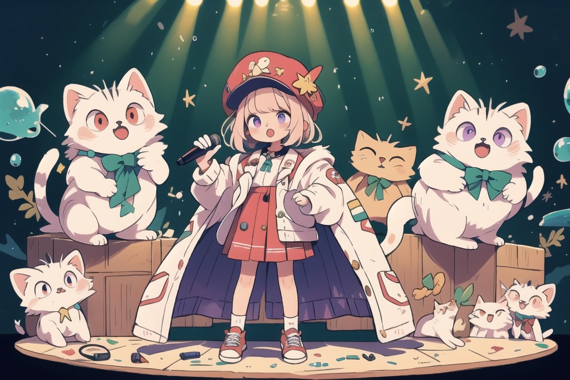 solo,Blonde woman,singing,playing electric guitar,short hair,red eyes,long red eyelashes,red lips,wearing a red snow hat with a white fur ball on the top,a purple starfish on the hat,white fur on the edge of the hat,and a red coat,coat with gold buttons,green skirt,green bow on the neck,green sneakers,gold laces, no gloves,singing in front of microphone,sleeping furry white cat audience,white cat wearing a pink bow on head,surrounded by bubbles,shining point,concert,colorful stage lighting,no people,Tetris game background