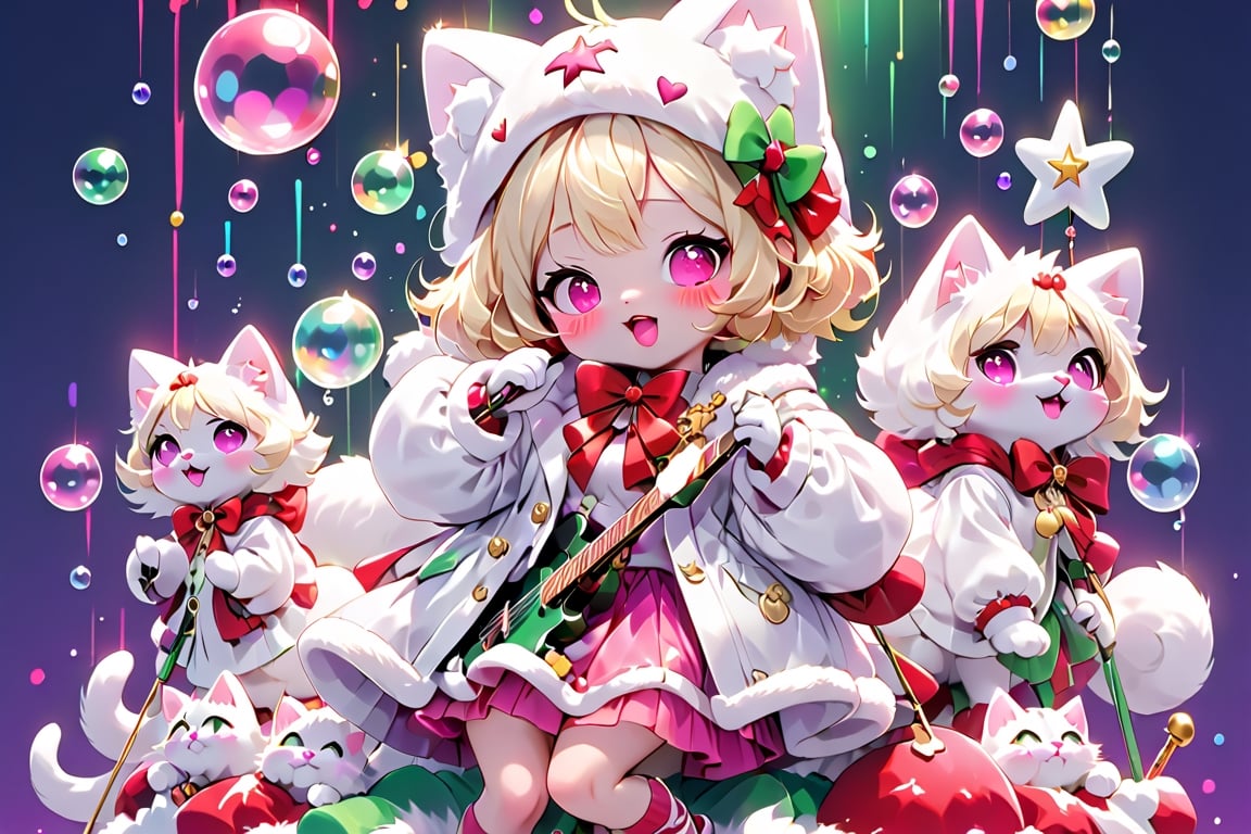 Blonde girls,playing electric guitar,short hair,red eyes,long red eyelashes,red lips,wearing a red snow hat with a white fur ball on the top,a purple starfish on the hat,white fur on the edge of the hat,and a red coat,coat with gold buttons,green skirt,green bow on the neck,green sneakers,gold laces, no gloves,singing in front of microphone,sleeping furry white cat audience,white cat wearing a pink bow on head,surrounded by bubbles,shining point,concert,colorful stage lighting,no people,Tetris game background,anime