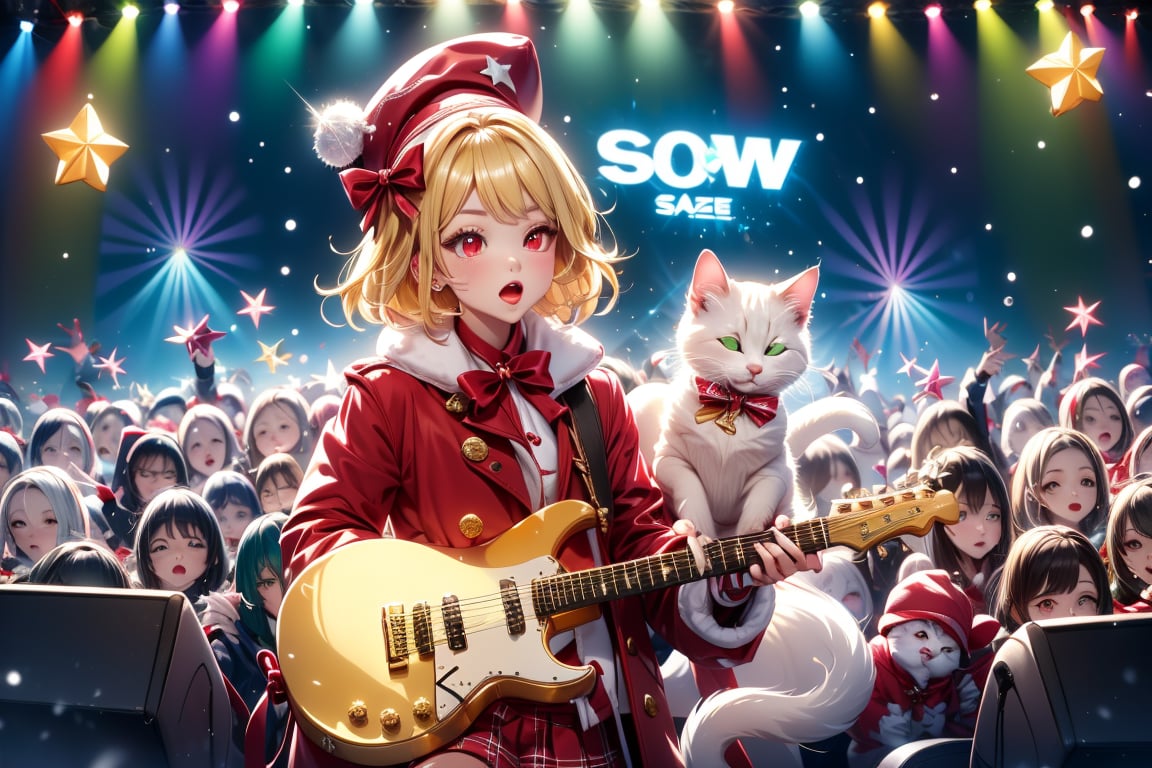 Blonde girl,singing,playing electric guitar,short hair,red eyes,long red eyelashes,red lips,wearing a red snow hat with a white fur ball on the top,a purple starfish on the hat,white fur on the edge of the hat,and a red coat,coat with gold buttons,green skirt,green bow on the neck,green sneakers,gold laces, no gloves,singing in front of microphone,sleeping furry white cat audience,white cat wearing a pink bow on head,surrounded by bubbles,shining point,concert,colorful stage lighting,no people,Tetris game background,anime