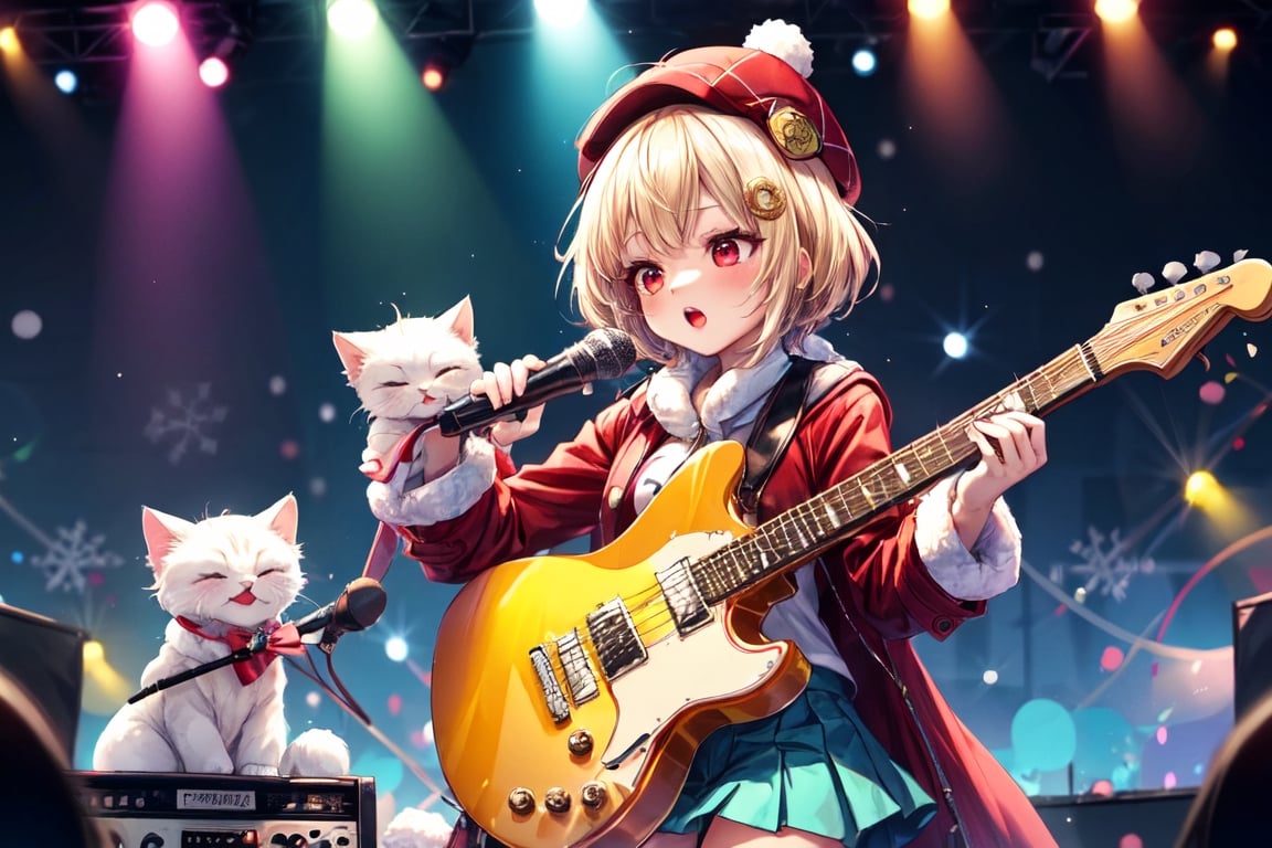 Blonde woman,singing,playing electric guitar,short hair,red eyes,long red eyelashes,red lips,wearing a red snow hat with a white fur ball on the top,a purple starfish on the hat,white fur on the edge of the hat,and a red coat,coat with gold buttons,green skirt,green bow on the neck,green sneakers,gold laces, no gloves,singing in front of microphone,sleeping furry white cat audience,white cat wearing a pink bow on head,surrounded by bubbles,shining point,concert,colorful stage lighting,no people,Tetris game background,anime