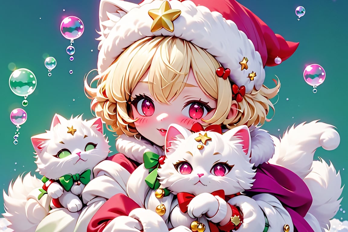 Blonde girl,short hair,ruby-like eyes,long red eyelashes, red lips, wearing a red snow hat with a white fur ball on the top,a purple starfish on the hat,white fur on the edge of the hat,and a red coat,coat with gold buttons,green skirt,green bow on the neck,green sneakers,gold laces, no gloves,a sleeping furry white cat,white cat wearing a pink bow on its head,surrounded by bubbles,Tetris game background