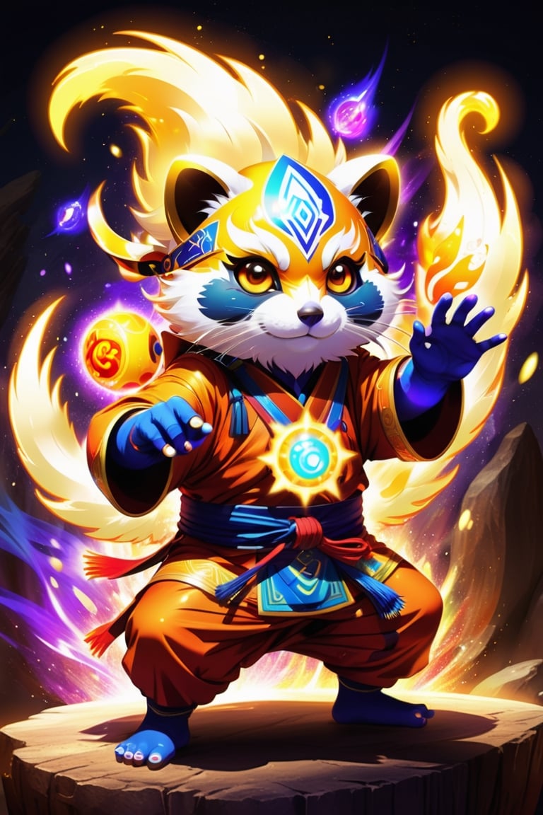 1Ninja tanuki,fighting,7 color Ninja outfit,7 color ancient alchemy God,holding cosmic ball,chanting,7 color shining ancient words everywhere,glowing mantra everywhere,luminous engraving everywhere,seal,strong style,sun king,sun halo,solo,special long white beard,long white eyebrows,gather lightning elixir in the palm of hand,king of glory,focused on  elixir,aim at pill,colorful skin,surrounded by flames,golden butterfly wings,emitting golden light,wearing golden bib short with no shoulder strap on left shoulder,no humans,flame,beam,fire alchemy furnace,thunder pill,crystal cave,crystal background,diamond,gem,tanuki,no human