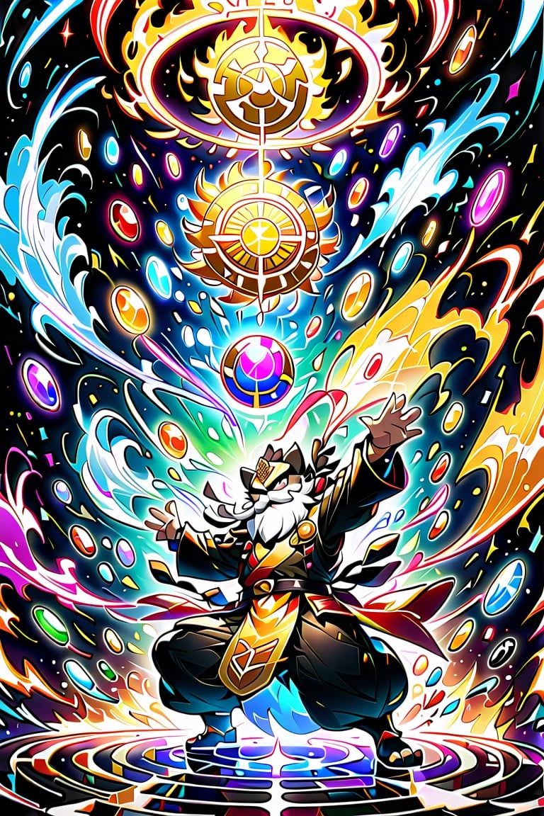 1Ninja tanuki,fighting,7 color Ninja outfit,7 color ancient alchemy God,holding cosmic ball,chanting,7 color shining ancient words everywhere,glowing mantra everywhere,luminous engraving everywhere,seal,strong style,sun king,sun halo,solo,special long white beard,long white eyebrows,gather lightning elixir in the palm of hand,king of glory,focused on  elixir,aim at pill,colorful skin,surrounded by flames,golden butterfly wings,emitting golden light,wearing golden bib short with no shoulder strap on left shoulder,no humans,flame,beam,fire alchemy furnace,thunder pill,crystal cave,crystal background,diamond,gem,tanuki,no human