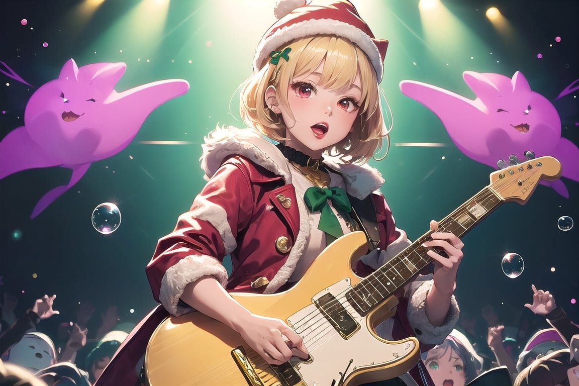 solo,Blonde woman,singing,playing electric guitar,short hair,red eyes,long red eyelashes,red lips,wearing a red snow hat with a white fur ball on the top,a purple starfish on the hat,white fur on the edge of the hat,and a red coat,coat with gold buttons,green skirt,green bow on the neck,green sneakers,gold laces, no gloves,singing in front of microphone,sleeping furry white cat audience,white cat wearing a pink bow on head,surrounded by bubbles,shining point,concert,colorful stage lighting,no people,Tetris game background