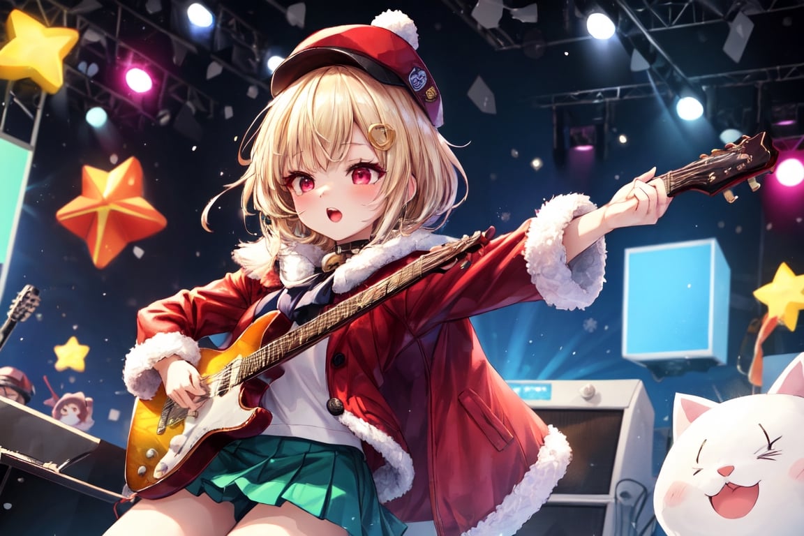 Blonde woman,singing,playing electric guitar,short hair,red eyes,long red eyelashes,red lips,wearing a red snow hat with a white fur ball on the top,a purple starfish on the hat,white fur on the edge of the hat,and a red coat,coat with gold buttons,green skirt,green bow on the neck,green sneakers,gold laces, no gloves,singing in front of microphone,sleeping furry white cat audience,white cat wearing a pink bow on head,surrounded by bubbles,shining point,concert,colorful stage lighting,no people,Tetris game background,anime